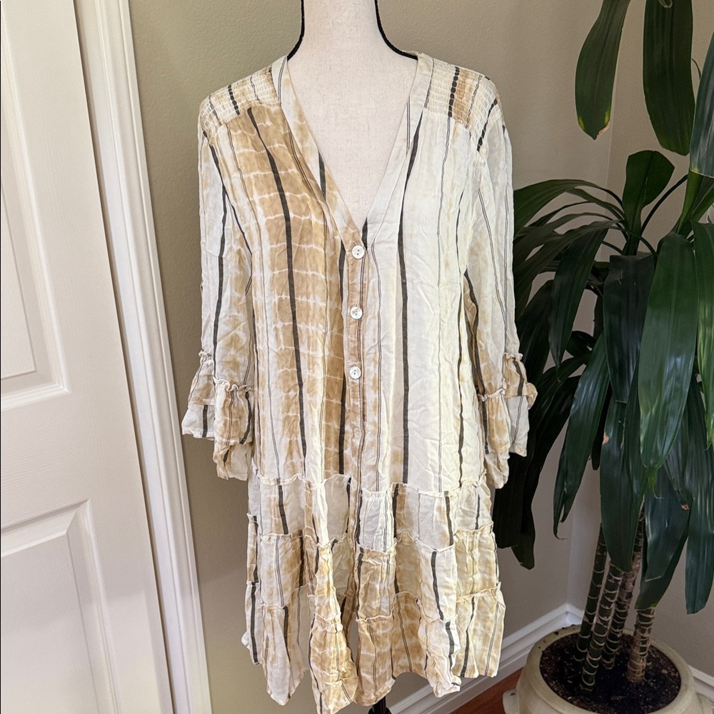 Blue Island Asymmetrical Dress in Cream and Tan